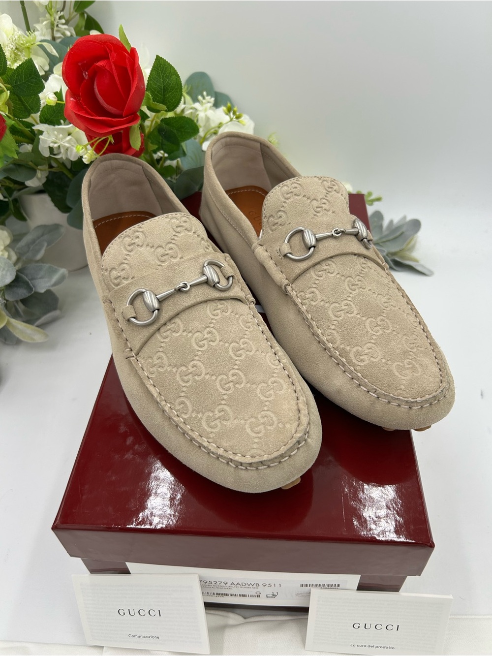 Men's Gucci, GG  embossed suede driver loafers size 11 fits 12 US made in Italy